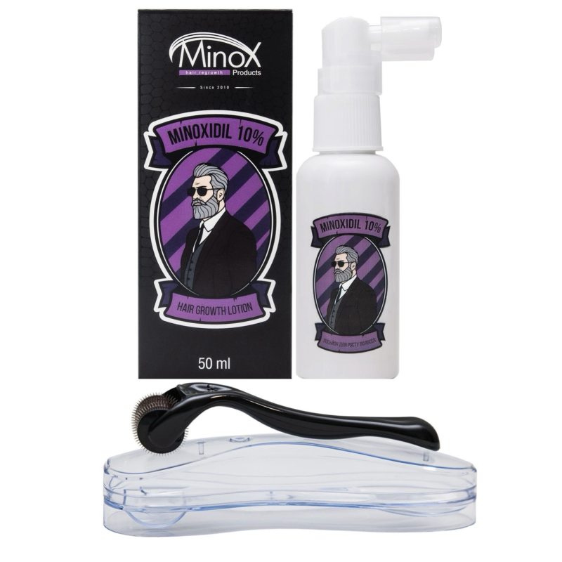 Набір для стимуляції росту волосся та бороди (мезоролер + лосьйон для росту волосся та бороди Minox 10% 50 мл)