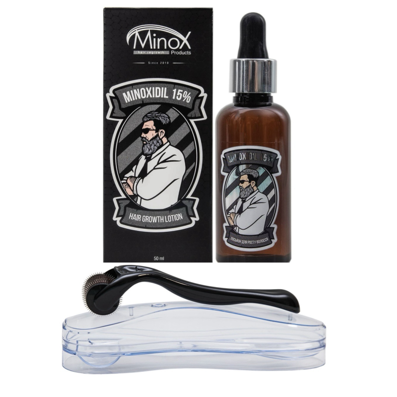 Набір для стимуляції росту волосся та бороди (мезоролер + лосьйон для росту волосся та бороди Minox 15% 50 мл)